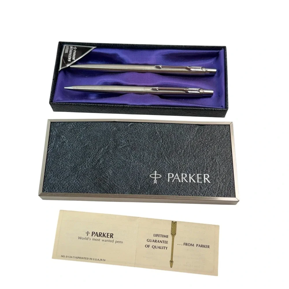 Vintage Parker Stainless Steel Pen Pencil Set In Box Ballpoint Mechanical USA